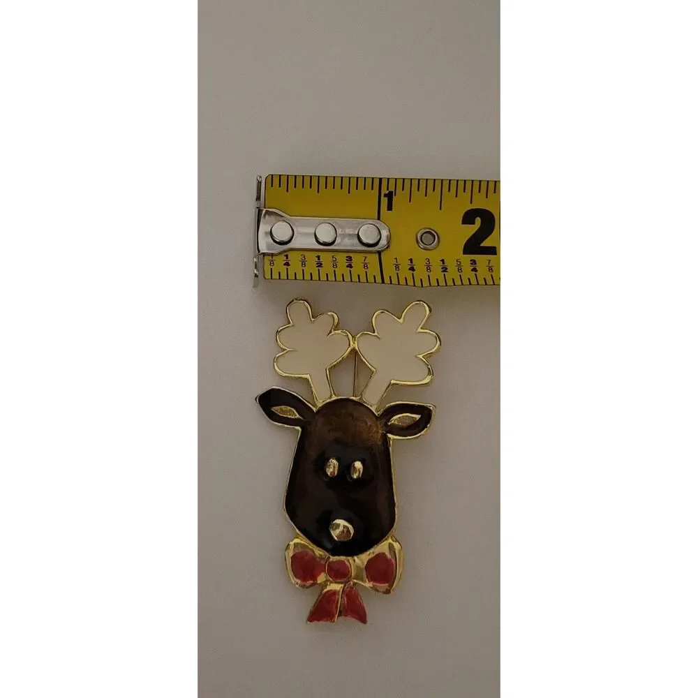 Festive Gold Tone Enameled Brown Reindeer Pin White Antlers Red Bow